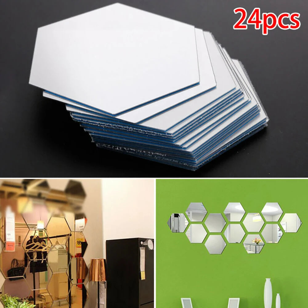 24pcs 3D Hexagon Mirror Wall Sticker Decal Home Room Washroom Decor DIY Self-adhesive Removable Mirror Wall Decor Stickers