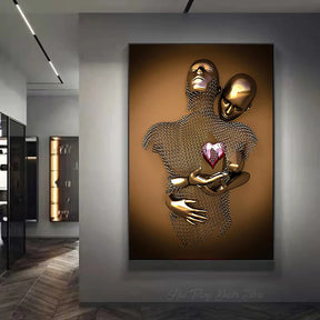 3D Effect Love Couples Kissing Hugging Metal Statue Posters and Prints Abstract Wall Art Canvas Painting Picture Home Room Decor