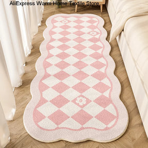 Pink Lattice Carpet for Bedroom Cute Cartoon Plaid Plush Children Bedside Rug Home Decoration Living Room Floral Fluffy Mat